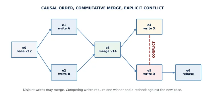 Event graph: two separate writes from base version 12 merge into version 14. Two later writes to the same item are marked as a conflict, and the losing write is rebased.
